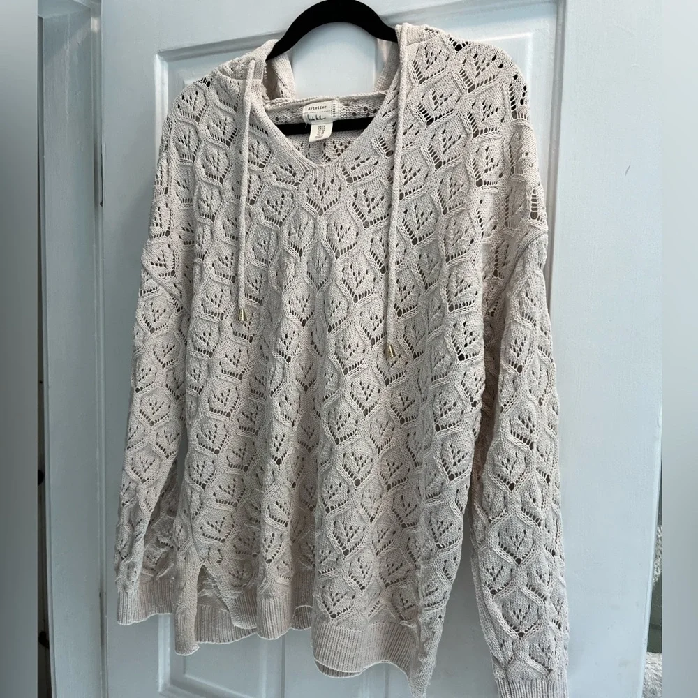New no tag Artelier Nicole Miller Ivory beige Crochet Hooded Knit Sweater  1x - Picture 6 of 13